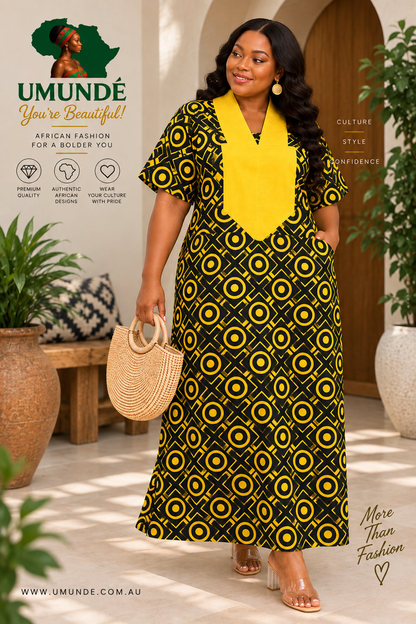 Olakunmi Yellow Ankara Bubu African Clothing Free Size Women’s Size 4 to 24 | Black African Print Maxi Dress with Yellow Detail