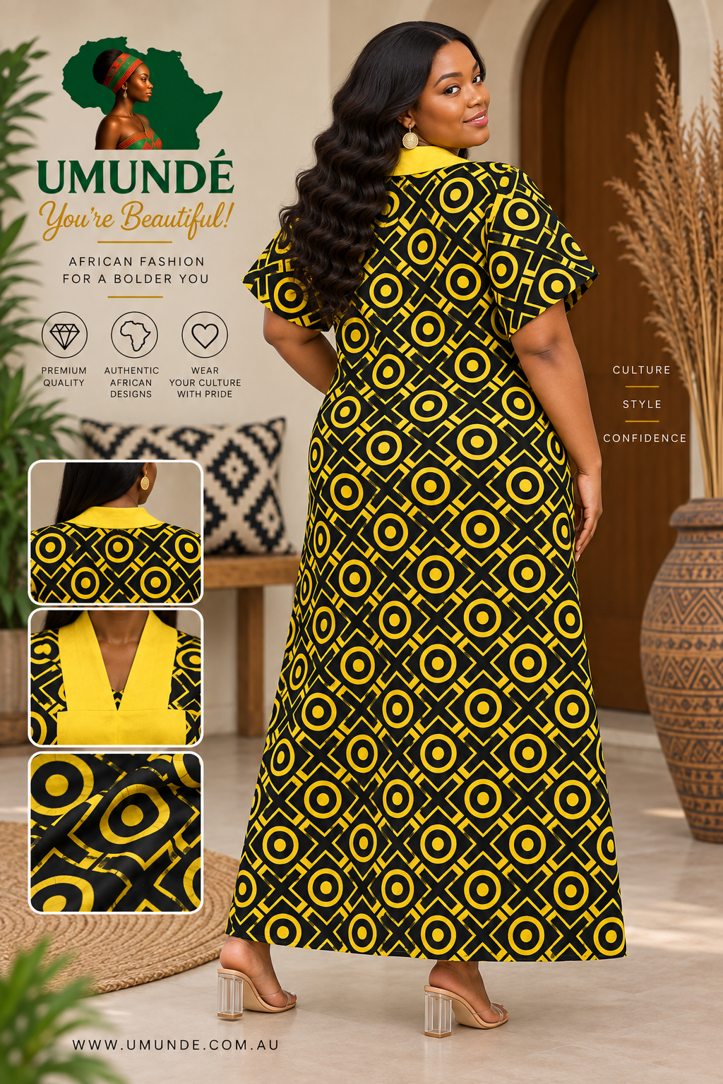 Olakunmi Yellow Ankara Bubu African Clothing Free Size Women’s Size 4 to 24 | Black African Print Maxi Dress with Yellow Detail