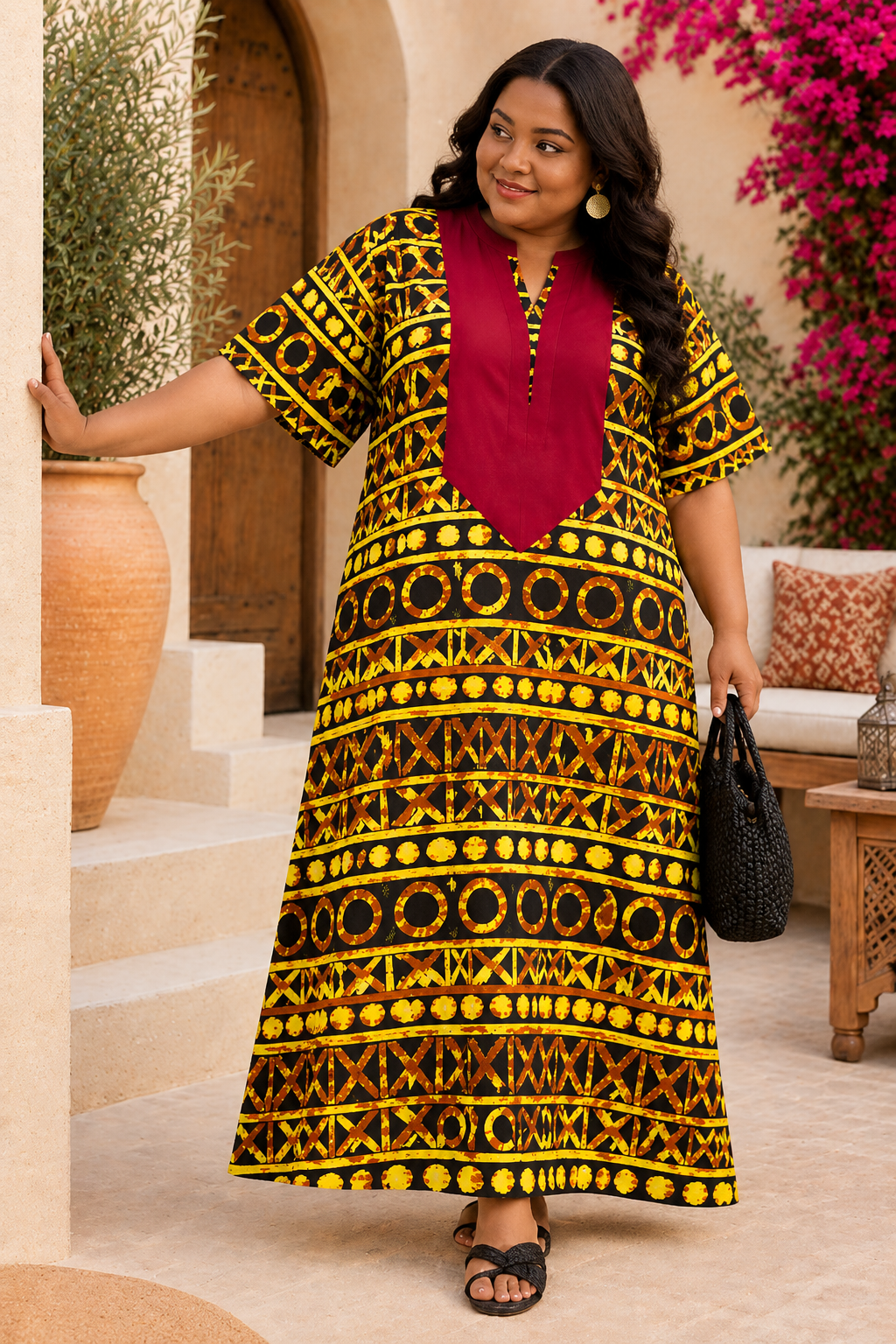 Women’s Plus Size Yellow & Black Printed Maxi Dress | Burgundy V Neck Long Kaftan Style Dress | Tribal Pattern Casual Dress | Free Size Australia 8-22