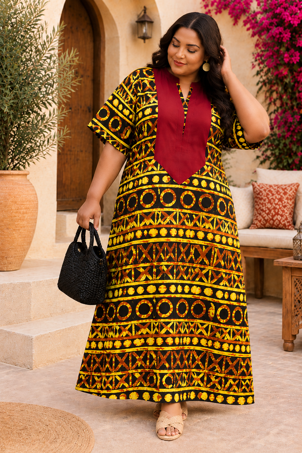 Women’s Plus Size Yellow & Black Printed Maxi Dress | Burgundy V Neck Long Kaftan Style Dress | Tribal Pattern Casual Dress | Free Size Australia 8-22