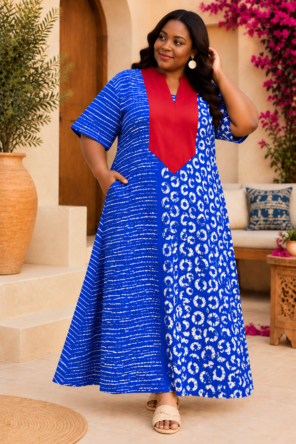 Women’s Plus Size Blue Printed Maxi Dress | Red V Neck Long Kaftan Style Dress | Loose Fit Casual Summer Dress | Free Size Australia 8-22