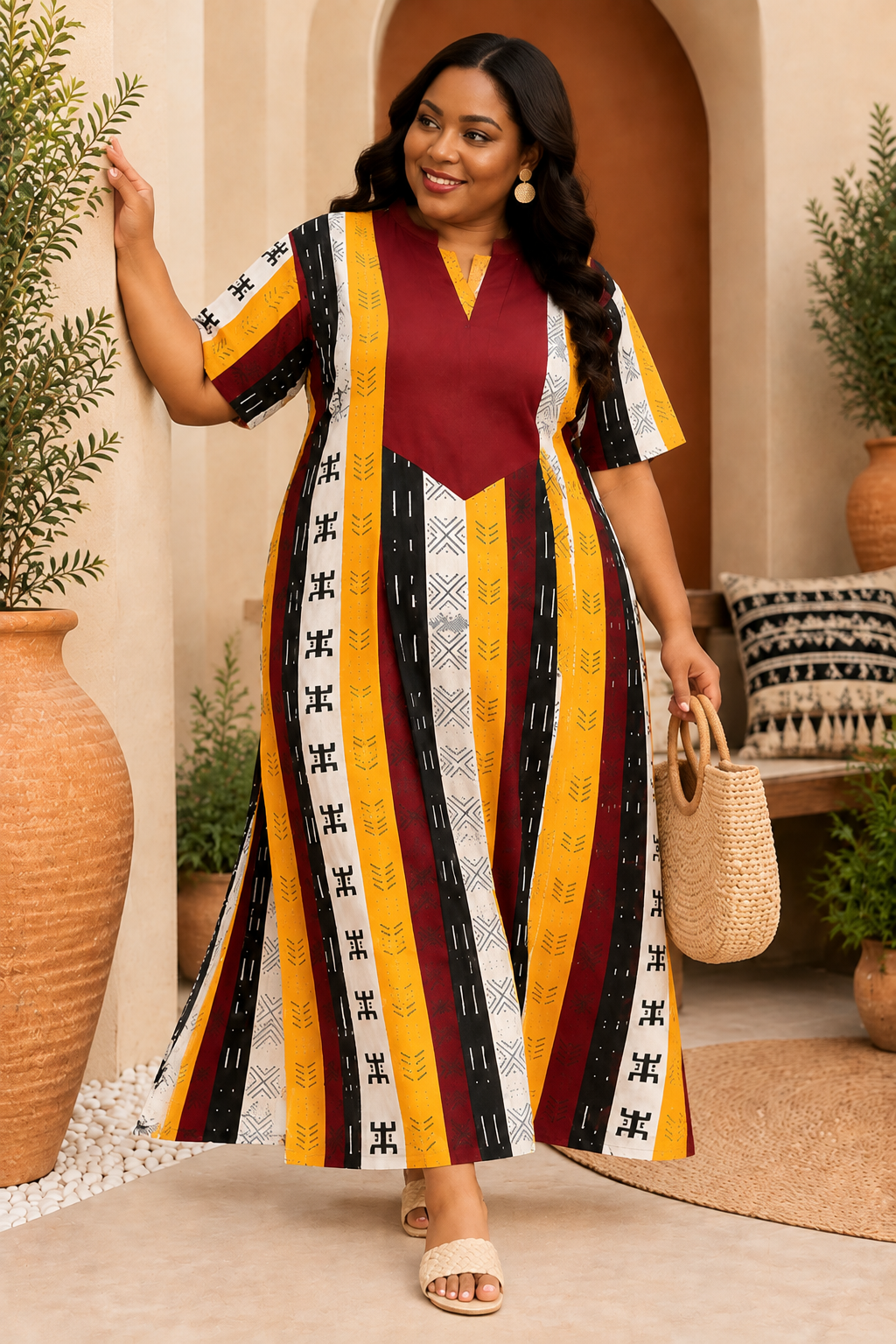 Women’s Plus Size Printed Maxi Dress | Burgundy Multi Colour Long Kaftan Style Dress | Casual Loose Fit Summer Dress | Free Size Australia 8-22