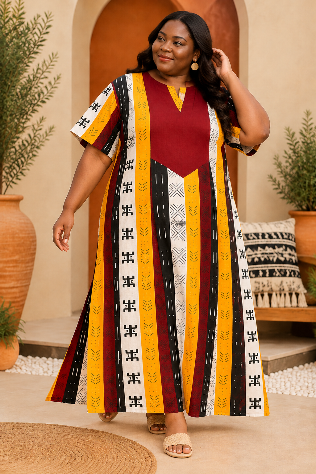 Women’s Plus Size Printed Maxi Dress | Burgundy Multi Colour Long Kaftan Style Dress | Casual Loose Fit Summer Dress | Free Size Australia 8-22