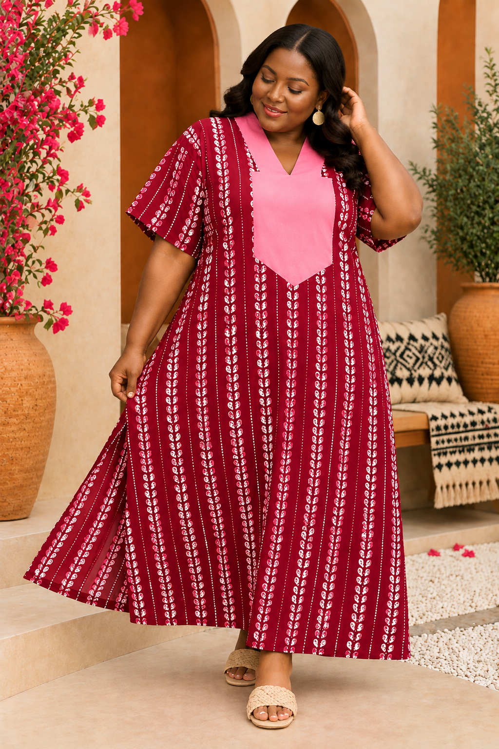 Women’s Plus Size Burgundy Printed Maxi Dress | V Neck Casual Long Dress | Loose Fit Summer Dress for Curvy Women | Free Size Australia 8-22