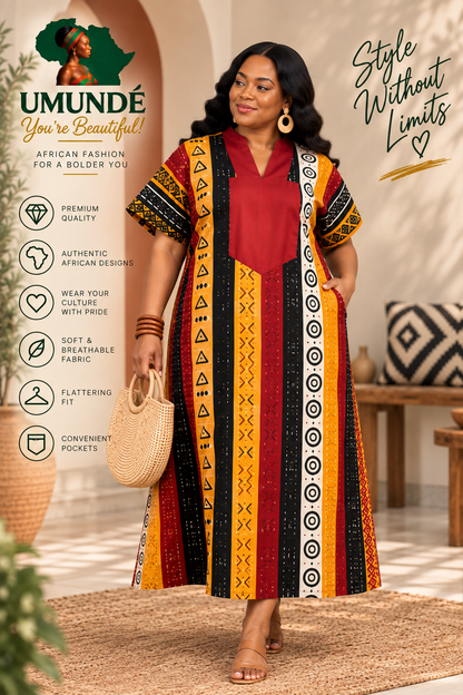 Olakunmi Multicolor Ankara Bubu African Clothing Free Size Women’s Size 4 to 24 | Black Yellow & Red African Print Maxi Dress