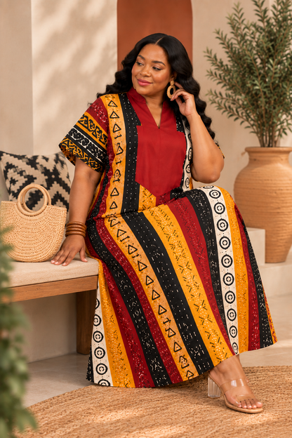 Olakunmi Multicolor Ankara Bubu African Clothing Free Size Women’s Size 4 to 24 | Black Yellow & Red African Print Maxi Dress