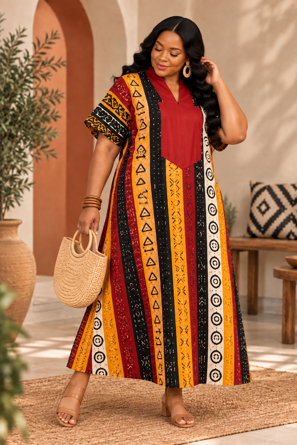 Olakunmi Multicolor Ankara Bubu African Clothing Free Size Women’s Size 4 to 24 | Black Yellow & Red African Print Maxi Dress