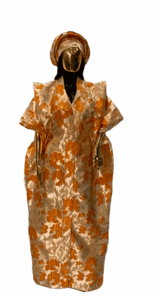 Elegant Orange African Damask Brocade Bubu Boubou event dress with matching headpiece