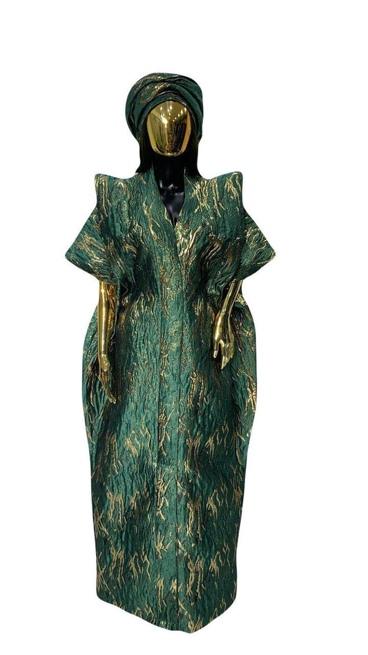 Royal Green and Gold African Damask Bubu Boubou elegant event dress with matching headpiece