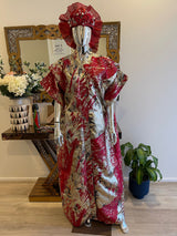 Red Silver & Gold African Damask Brocade Bubu Boubou Elegant Event Dress with belts