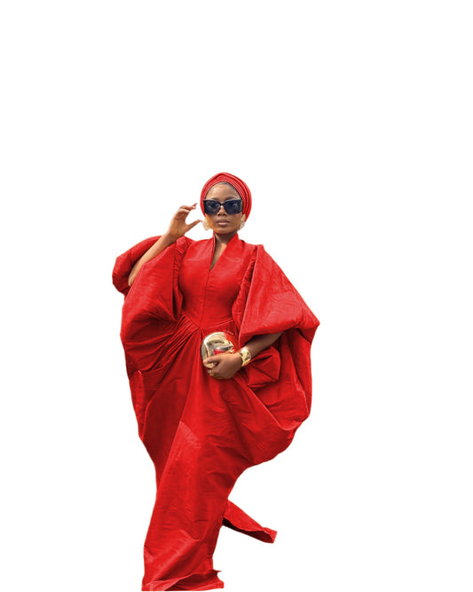 Red raw silk fabric bubu boubou dress with pleated sides and matching turban