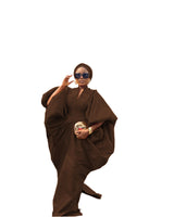 Chocolate brown raw silk fabric bubu boubou dress with pleated sides and turban