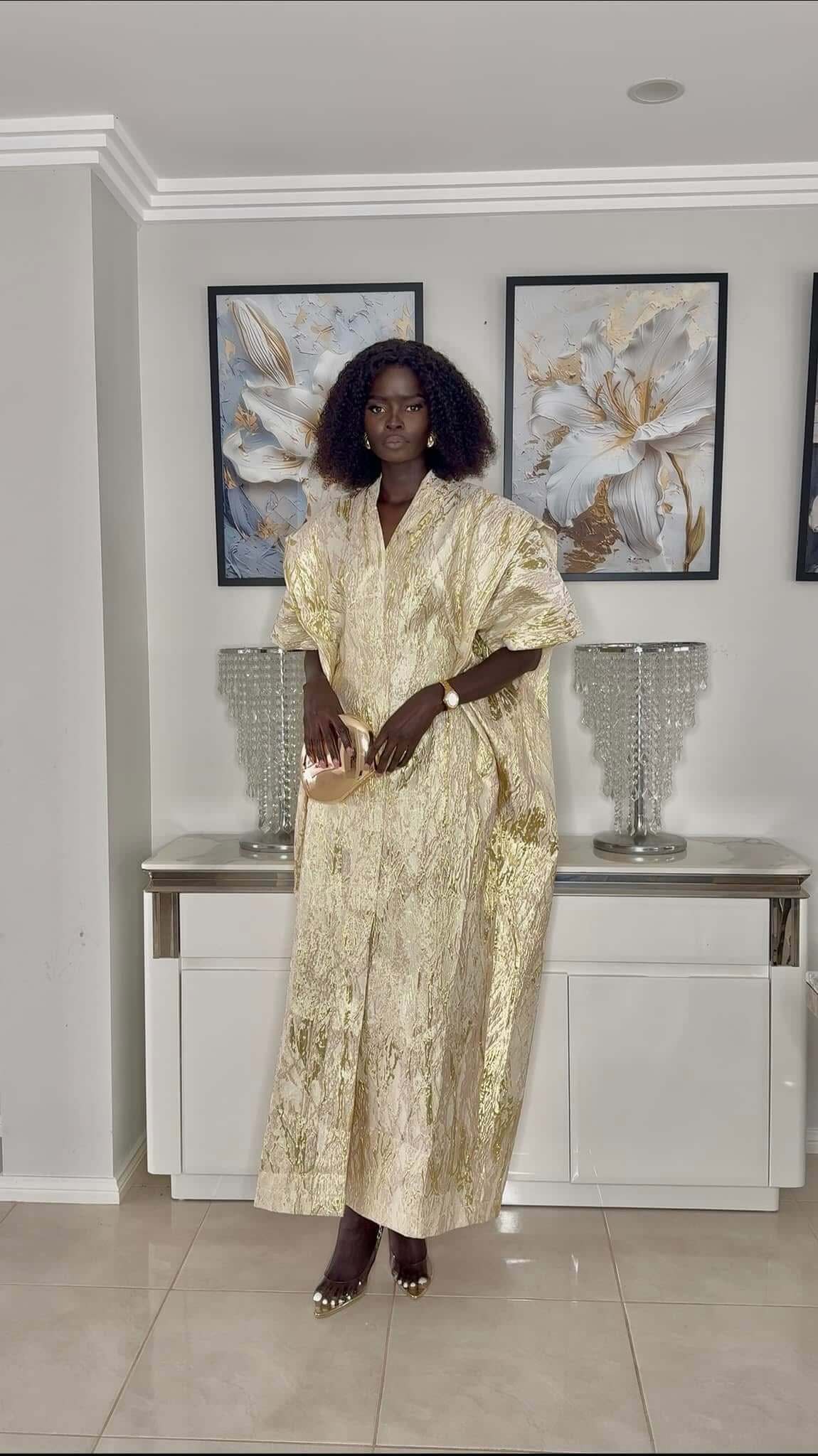 White and Gold Stripes African Damask Bubu Boubou Elegant Event Dress with headpiece