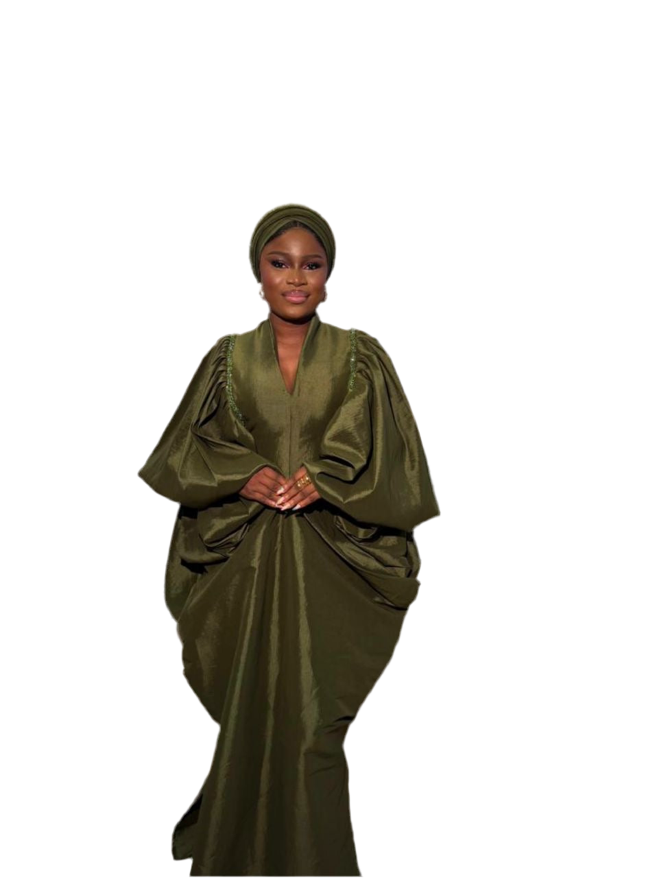Green raw silk fabric bubu boubou dress with turban and pleated sides
