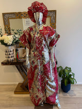 Red Silver & Gold African Damask Brocade Bubu Boubou Elegant Dress with belts