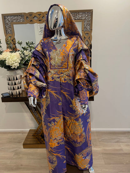 Purple orange floral African damask boubou dress with pleated sleeves and gold accents