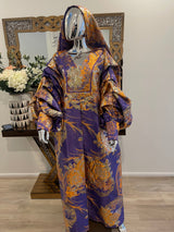 Purple orange floral African damask boubou dress with pleated sleeves and gold accents