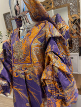Purple orange floral and gold African Damask bubu boubou elegant event dress with pleated sleeves and headpiece