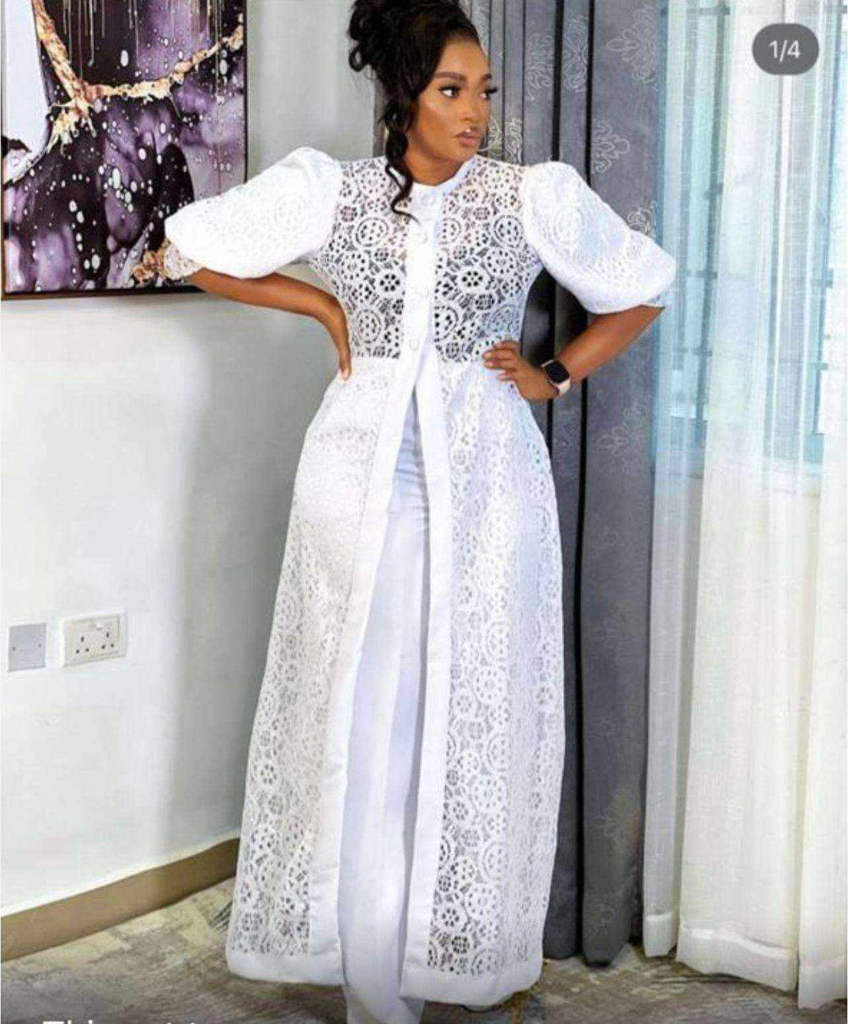 White 2 Piece long top jacket and trousers set for elegant women's event wear