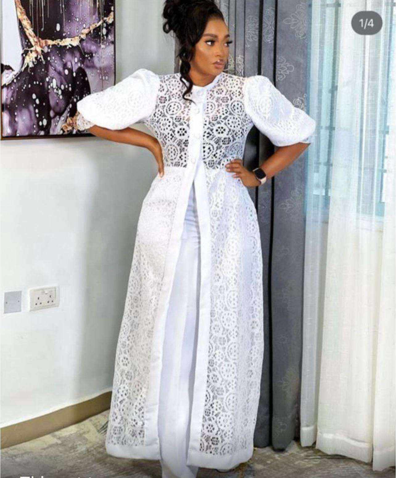 White 2 Piece long top jacket and trousers set for elegant women's event wear