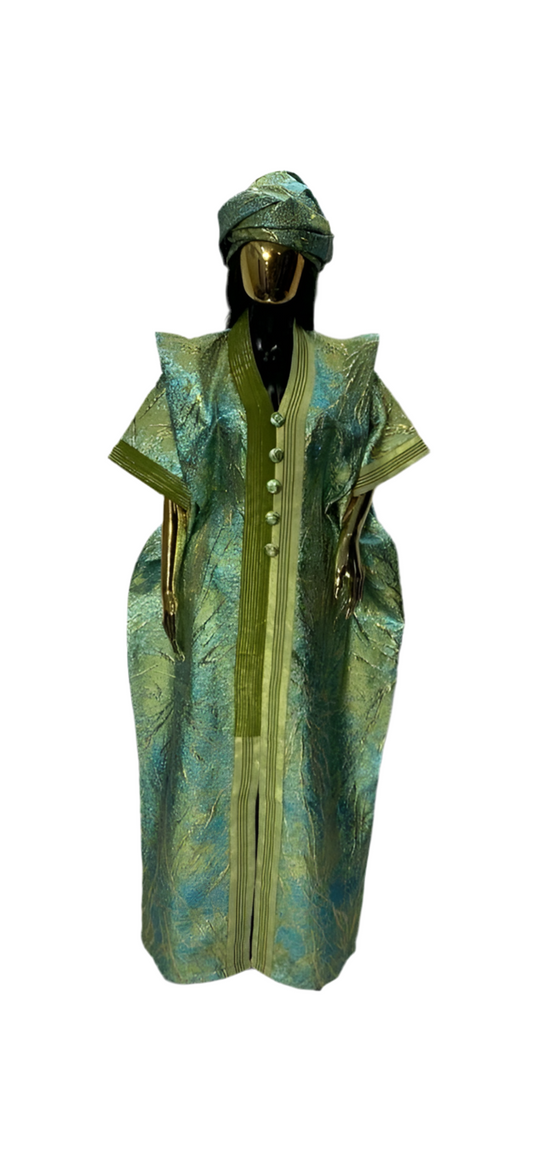 Lime Green & Gold African Damask Bubu Boubou elegant event dress with headpiece and adjustable belts