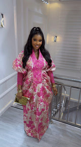 Amina Luxe Brocade Gown in pink with gold floral accents, puff sleeves, and lace details for elegant occasions