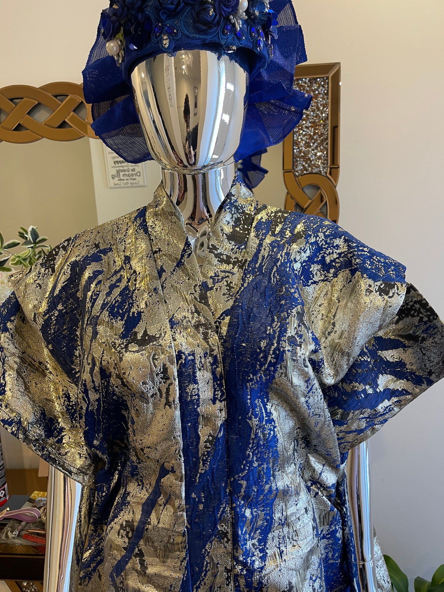 Royal blue, silver, and gold African Damask Brocade Bubu Boubou elegant event dress with belts