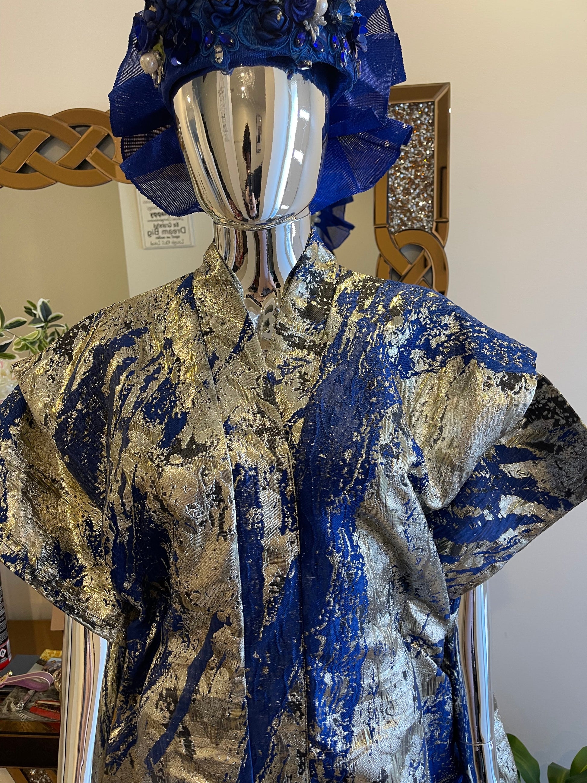 Royal blue, silver, and gold African Damask Brocade Bubu Boubou elegant event dress with belts