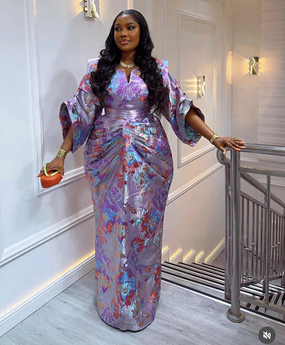 Lilac Purple & Gold African Damask Bubu Boubou waist-snatching elegant event dress with headpiece