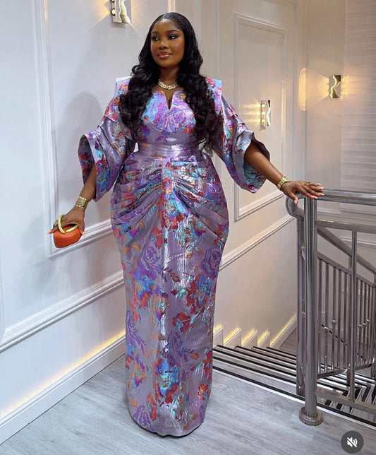 Lilac Purple & Gold African Damask Bubu Boubou waist-snatching elegant event dress with headpiece