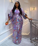 Lilac Purple & Gold African Damask Bubu Boubou waist-snatching elegant event dress with headpiece