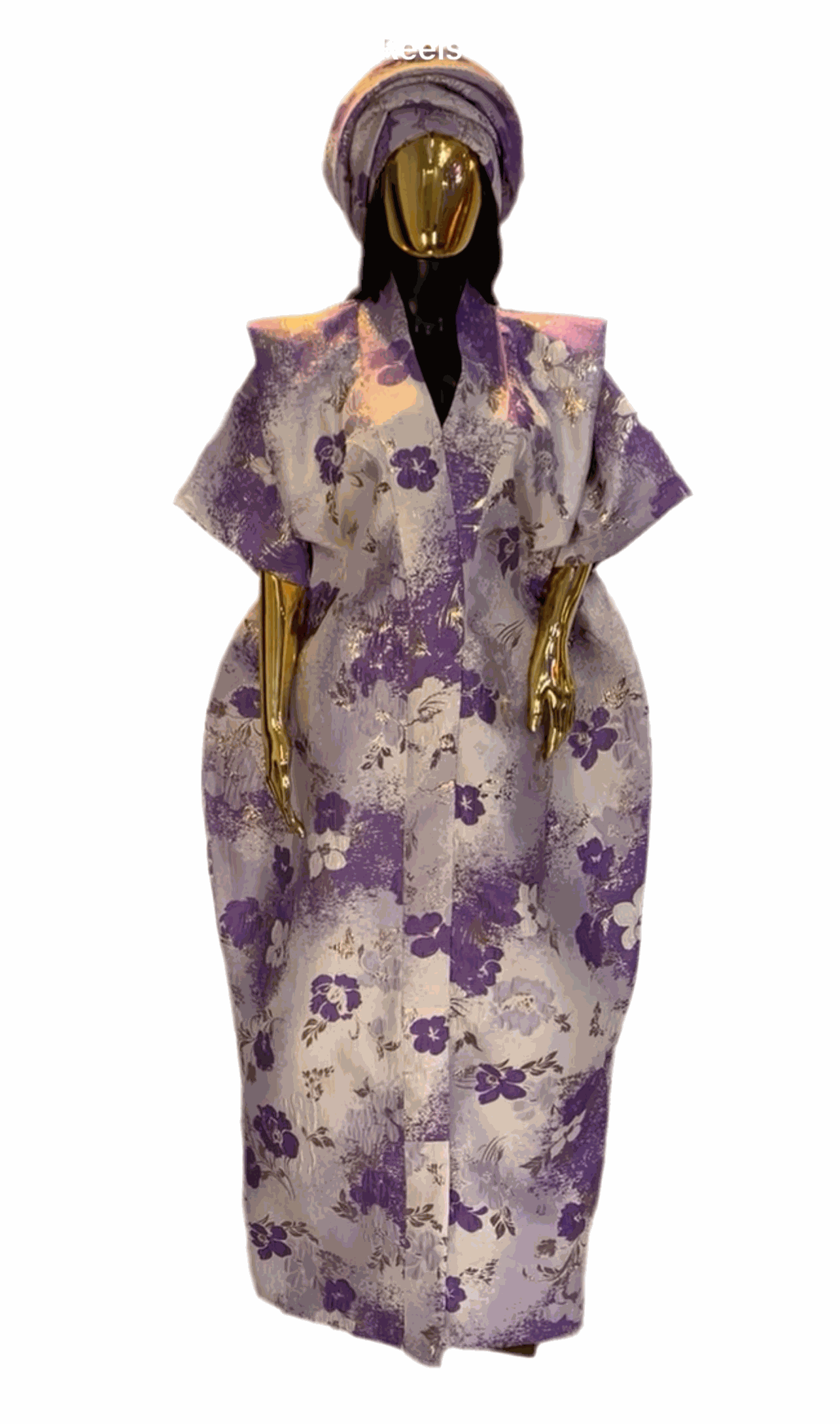 Purple floral and white African Damask Bubu Boubou elegant event dress with headpiece