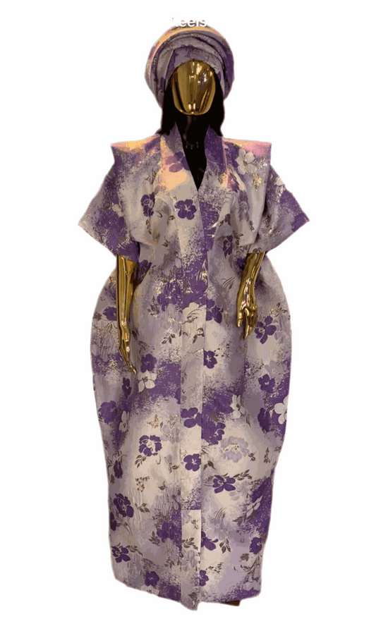 Purple floral and white African Damask Bubu Boubou elegant event dress with headpiece