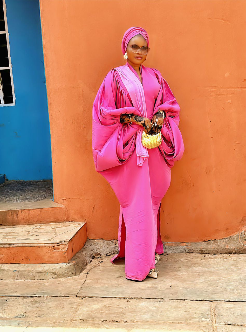 Pink raw silk fabric bubu boubou dress with turban and side pleats