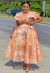 Elegant Floral Ruffle Midi Dress – Statement Sleeve Luxury Dress
