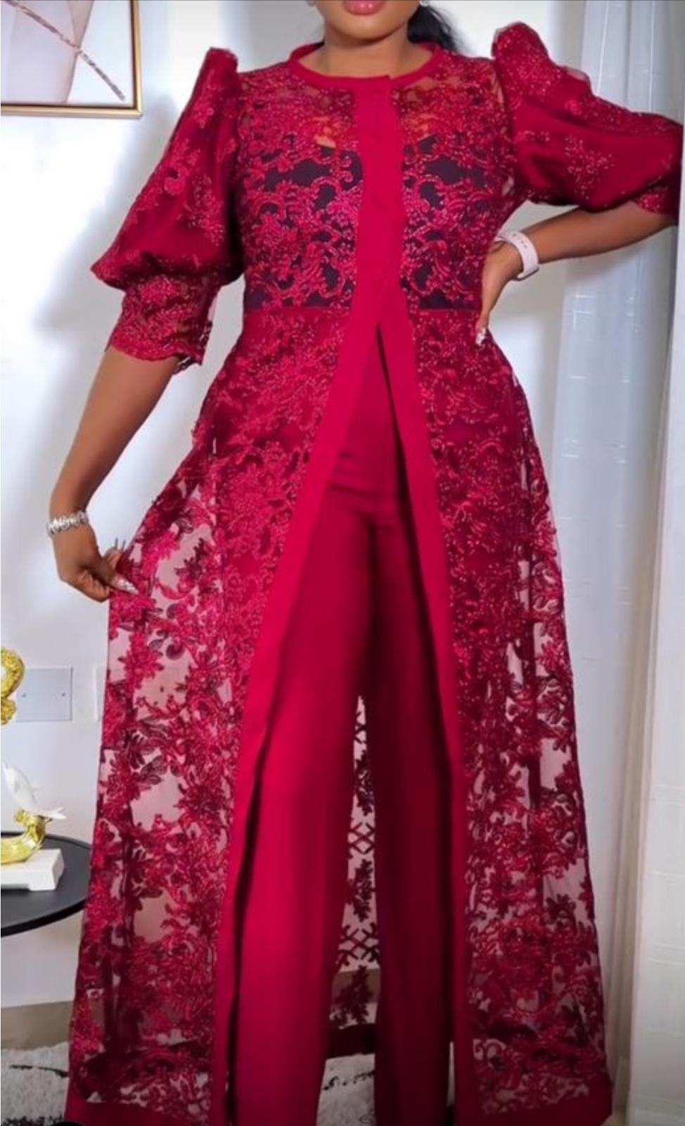 Red 2 Piece long top jacket and trousers set for elegant event wear