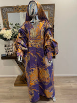 Purple Orange Floral African Damask Bubu Boubou dress with gold pleated sleeves and headpiece
