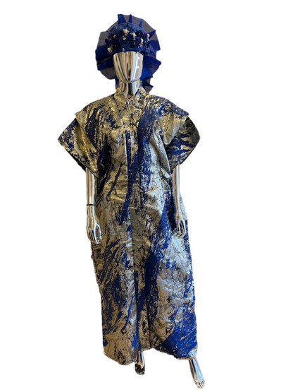 Royal blue, silver, and gold African Damask Brocade elegant Bubu Boubou dress with belts and headpiece