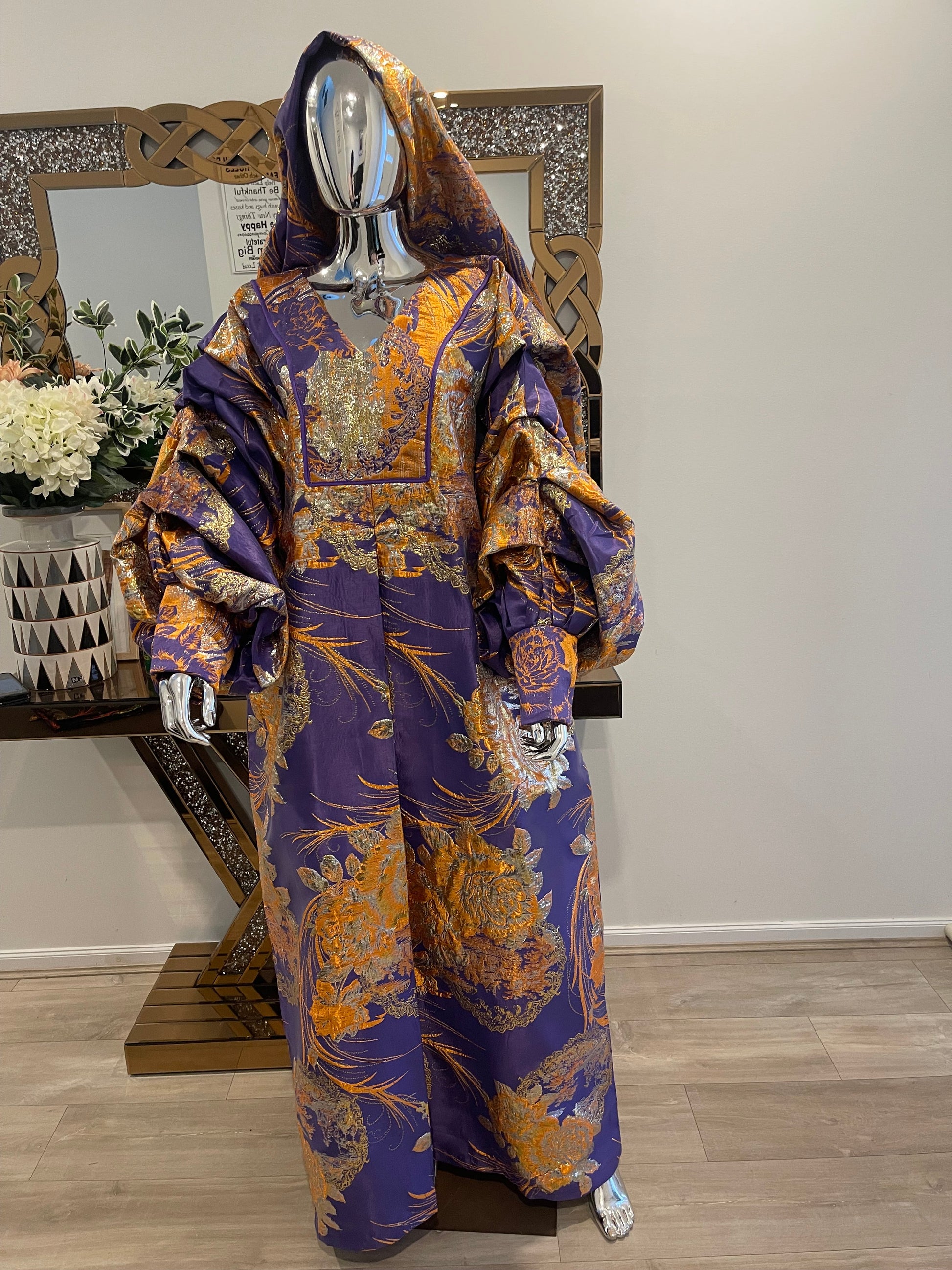 Purple Orange Floral African Damask Bubu Boubou Elegant Event Dress with Pleated Sleeves and Gold Details