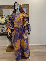 Purple Orange Floral African Damask Bubu Boubou Elegant Event Dress with Pleated Sleeves and Gold Details