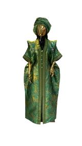 Green and Gold Stripes African Damask Brocade Bubu Boubou dress with headpiece and belts for elegant events