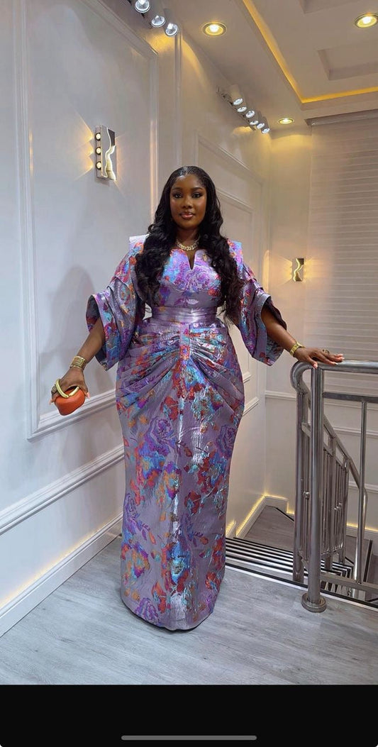 Lilac purple and gold African Damask waist-snatched bubu dress with headpiece for elegant events
