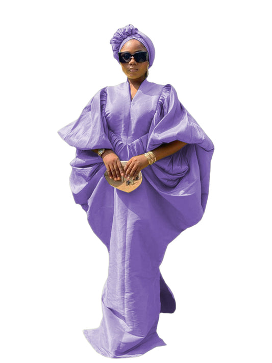 Lilac raw silk fabric bubu boubou dress with turban and side pleats