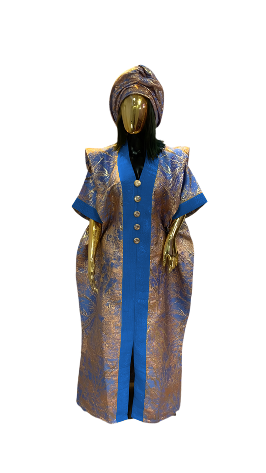 Sky blue and gold stripes African damask Bubu Boubou elegant event dress with headpiece and belts
