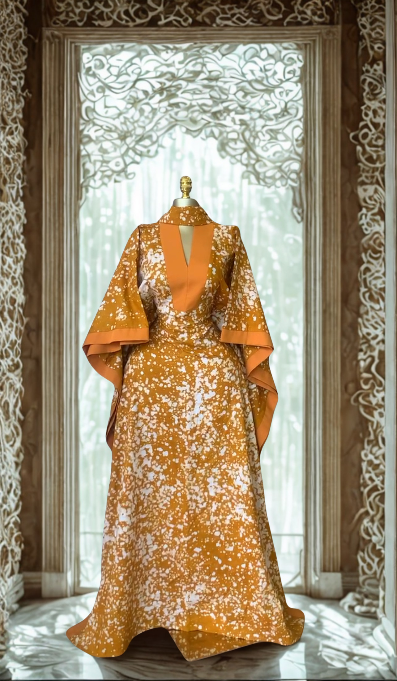 Ruby Orange and Green Splatter Luxe Kaftan Bubu with wide flowing sleeves and flattering fit
