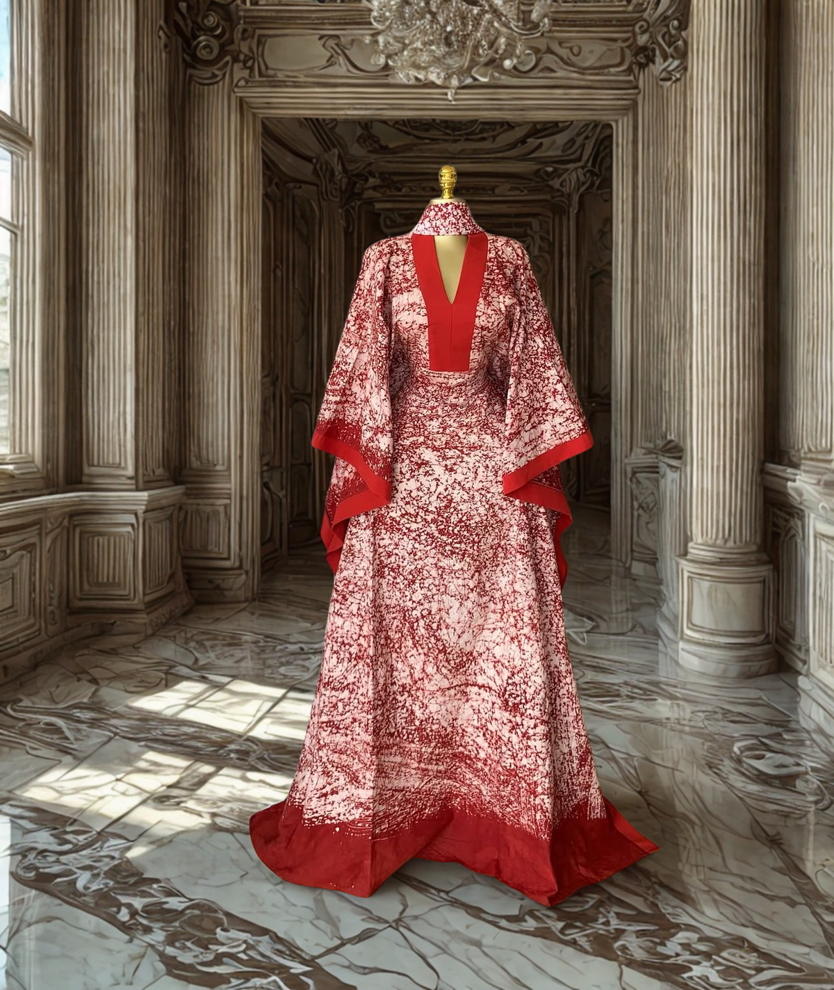 Ruby orange and green splatter luxe kaftan bubu with wide sleeves and flattering fit