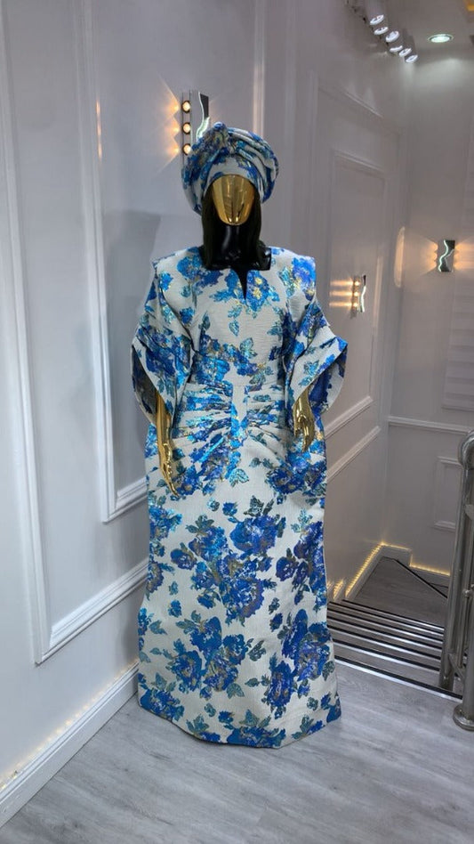 Blue & Gold African waist snatched Damask Bubu Boubou elegant event dress with headpiece