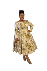 Umunde African Floral Brocade midi dress with cream base and olive floral patterns, fitted waist and pleated skirt