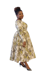 Cream African Floral Brocade midi dress with olive floral pattern and pleated skirt