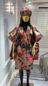Luxury metallic brocade kimono robe with black beaded belt and matching turban in gold, red, and blue tones